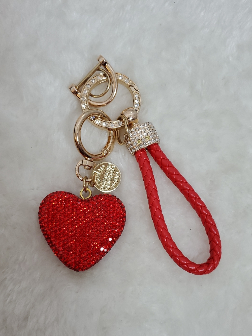 Elegant Red Heart Bag Charm Keychain with Gold Accents NWT